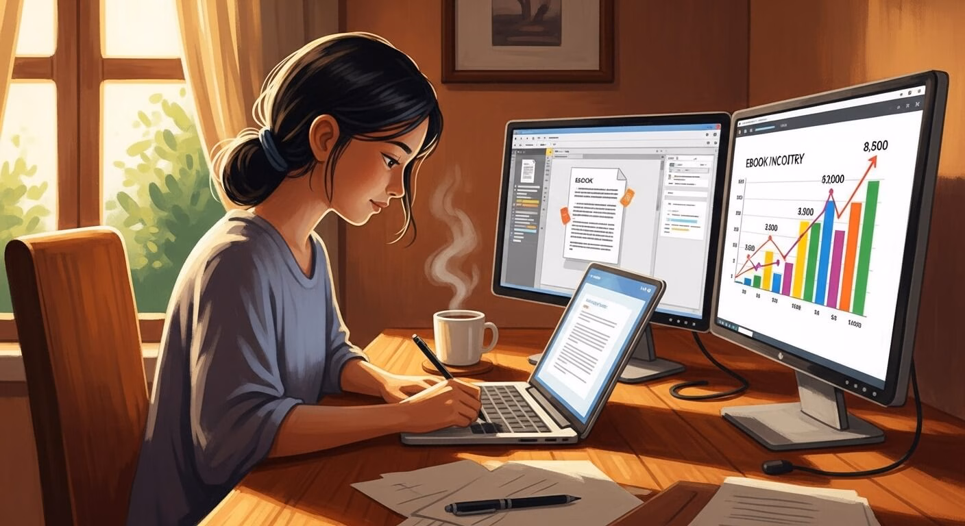 Seorang wanita bekerja di depan komputer dengan grafik eBook, menciptakan konten dengan kopi hangat di tangan.