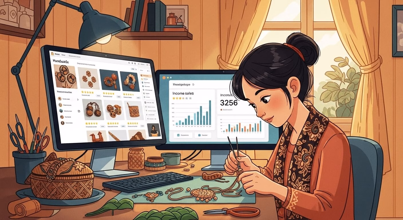 Menggambarkan seorang pengrajin yang fokus membuat kerajinan tangan sambil memantau penjualan online dan grafik pendapatan.