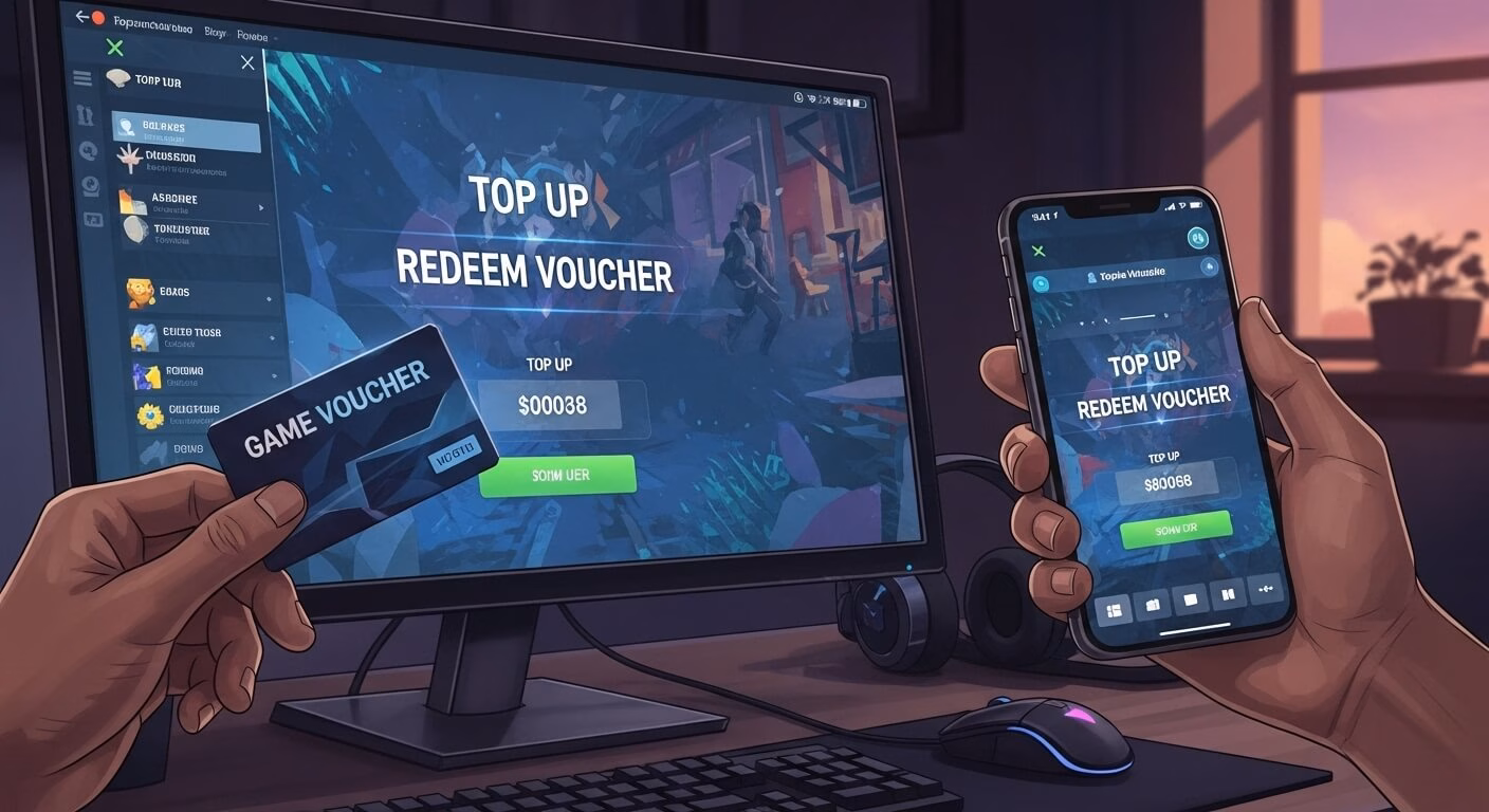Dua tangan memegang voucher game, terhubung ke layar yang menampilkan opsi top up dan redeem di platform game digital.